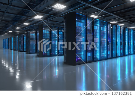 High tech data center with rows of servers and blue led lights High tech data center with rows of servers and blue led lights 137162391