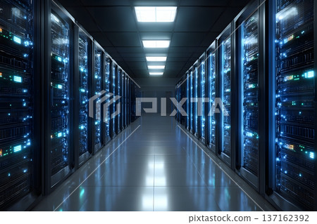 High tech data center with rows of servers and blue led lights High tech data center with rows of servers and blue led lights 137162392