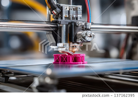 Close up of a 3D printer creating a complex industrial part in a workshop Close up of a 3D printer creating a complex industrial part in a workshop 137162395