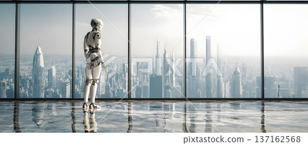 Advanced humanoid AI bot standing inside ultra modern corporate headquarters panoramic glass skyline background dramatic cinematic lighting volumetric light ultra high detail commercial realism Advanced humanoid AI bot standing inside ultra modern corporate headquarters panoramic glass skyline background dramatic cinematic lighting volumetric light ultra high detail commercial realism 137162568