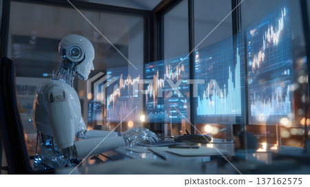 High tech fintech office with robotic advisor reviewing stock performance charts glowing holographic overlays premium lighting composition 137162575
