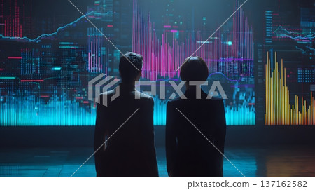 Business strategy meeting with advanced AI assistant standing beside interactive data wall dramatic executive atmosphere Business strategy meeting with advanced AI assistant standing beside interactive data wall dramatic executive atmosphere 137162582