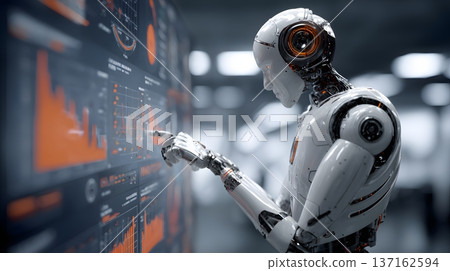 Advanced corporate automation scene robot reviewing revenue metrics on transparent display deep focus premium clarity 137162594