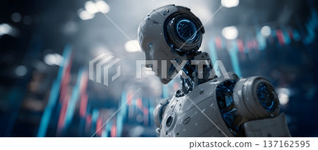 Futuristic digital enterprise ecosystem robot surrounded by floating financial graphs ultra high resolution cinematic look 137162595