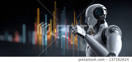 Business transformation visualization robot interacting with floating performance charts dramatic scale Business transformation visualization robot interacting with floating performance charts dramatic scale 137162624