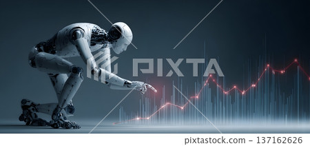Business transformation visualization robot interacting with floating performance charts dramatic scale Business transformation visualization robot interacting with floating performance charts dramatic scale 137162626