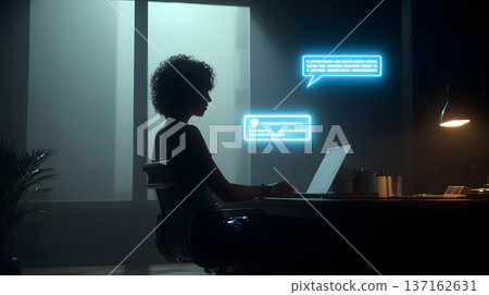 Intelligent chatbot interface projected in executive workspace professional dramatic lighting 137162631