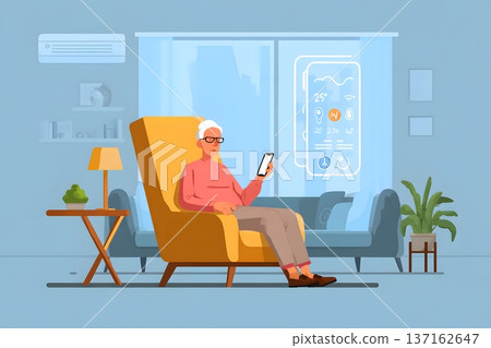 Minimalist flat vector of a smart home health monitoring system for elderly 137162647