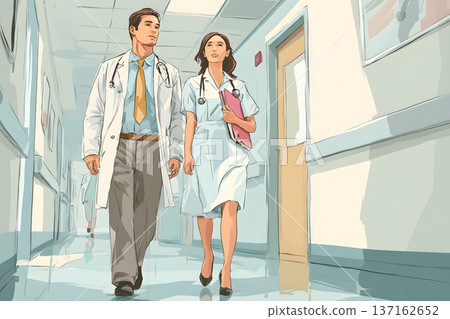 2D vector art of a doctor and a nurse walking in a hospital corridor 137162652