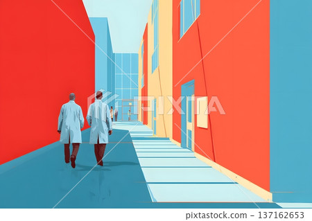 2D vector art of a doctor and a nurse walking in a hospital corridor 137162653