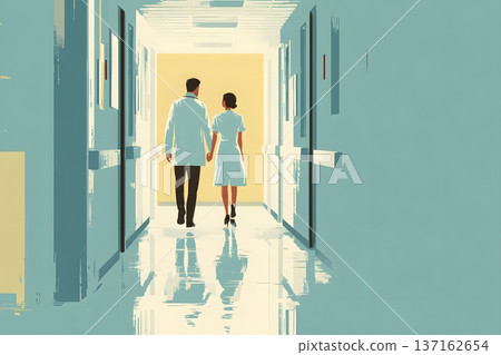 2D vector art of a doctor and a nurse walking in a hospital corridor 137162654