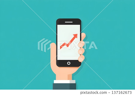 Minimalist flat vector art of a hand holding a smartphone with a growth arrow icon 137162673