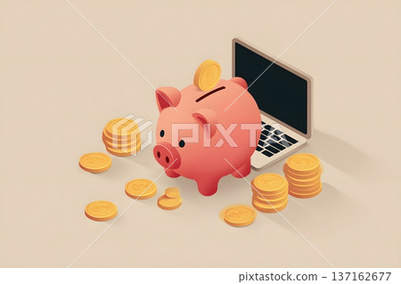 2D vector art of a piggy bank and digital coins for online savings concept 2D vector art of a piggy bank and digital coins for online savings concept 137162677