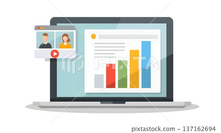 Flat illustration of a financial video call on a laptop screen with a chart icon Flat illustration of a financial video call on a laptop screen with a chart icon 137162694