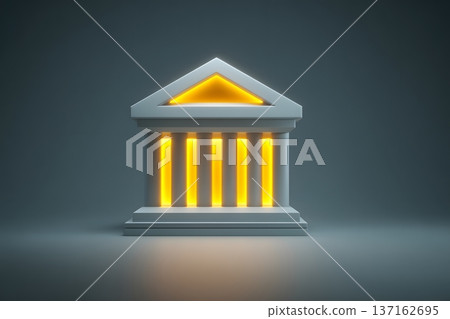 Minimalist flat design of a bank building icon with a glowing gold roof 137162695