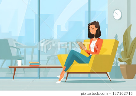 Clean flat vector of a female investor using a tablet in a modern lounge Clean flat vector of a female investor using a tablet in a modern lounge 137162715