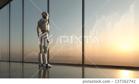Digital enterprise leadership concept robot beside glass wall performance charts sunrise lighting 137162742