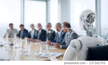 Robotic strategic advisor guiding financial review session high end boardroom environment 137162743