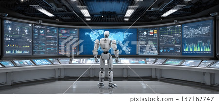 High quality cinematic illustration of intelligent enterprise robot managing global analytics dashboard inside panoramic corporate command center ultra detailed lighting High quality cinematic illustration of intelligent enterprise robot managing global analytics dashboard inside panoramic corporate command center ultra detailed lighting 137162747