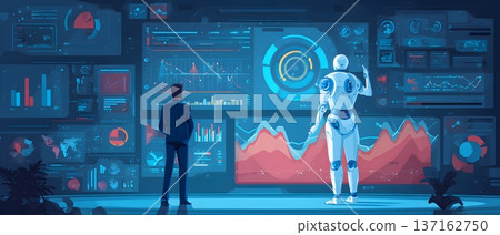 Futuristic marketing intelligence hub with robotic strategist analyzing performance heatmap high clarity digital illustration Futuristic marketing intelligence hub with robotic strategist analyzing performance heatmap high clarity digital illustration 137162750