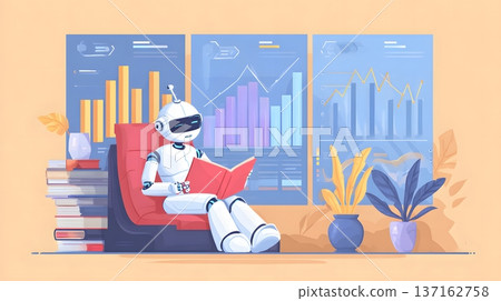 Intelligent fintech robot reviewing investment performance charts immersive enterprise interior illustration 137162758