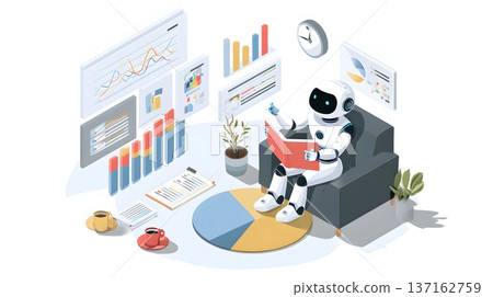 Intelligent fintech robot reviewing investment performance charts immersive enterprise interior illustration 137162759