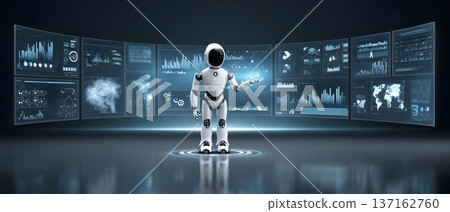 Enterprise digital transformation visualization robot surrounded by holographic analytics screens panoramic composition 137162760