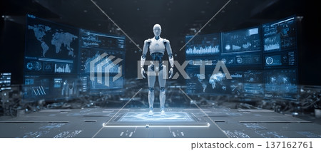 Enterprise digital transformation visualization robot surrounded by holographic analytics screens panoramic composition Enterprise digital transformation visualization robot surrounded by holographic analytics screens panoramic composition 137162761