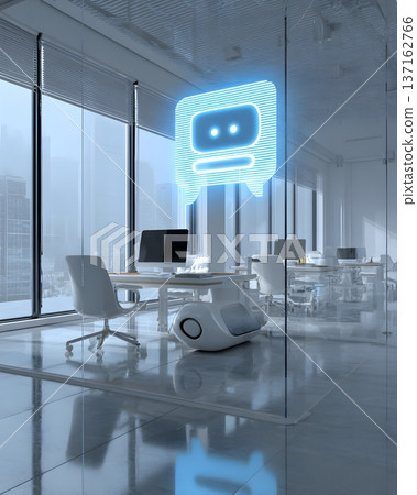 Intelligent chatbot interface projected above sleek workspace modern corporate illustration ultra clean finish Intelligent chatbot interface projected above sleek workspace modern corporate illustration ultra clean finish 137162766