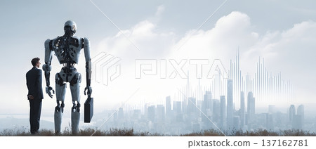 Automation leadership concept robot and executive observing analytics skyline backdrop panoramic scene Automation leadership concept robot and executive observing analytics skyline backdrop panoramic scene 137162781