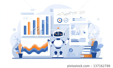 Business modernization concept illustrated with AI bot and layered performance metrics Business modernization concept illustrated with AI bot and layered performance metrics 137162786