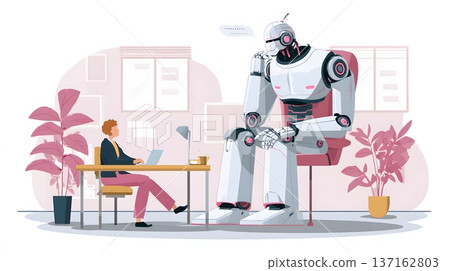Corporate decision support system illustrated with humanoid robot in minimal office 137162803