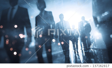 Futuristic strategy summit with robotic analytics partner dramatic executive lighting 137162817