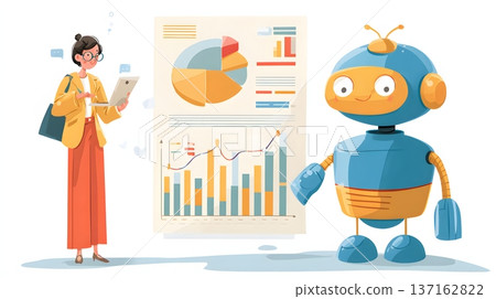 High clarity illustration of robotic marketing strategist analyzing engagement data 137162822