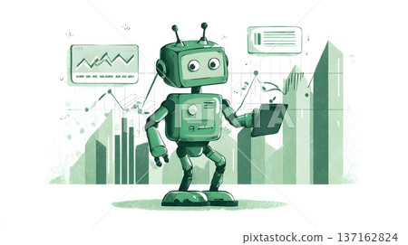 High clarity illustration of robotic marketing strategist analyzing engagement data 137162824