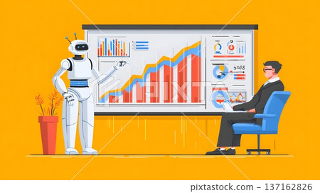 Business transformation concept illustrated with AI assistant and KPI metrics wall Business transformation concept illustrated with AI assistant and KPI metrics wall 137162826