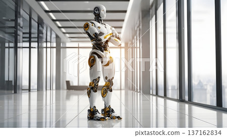 Enterprise innovation illustration humanoid robot standing confidently in headquarters lobby Enterprise innovation illustration humanoid robot standing confidently in headquarters lobby 137162834