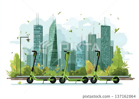 Flat illustration of a green city with electric scooters and modern office buildings Flat illustration of a green city with electric scooters and modern office buildings 137162864