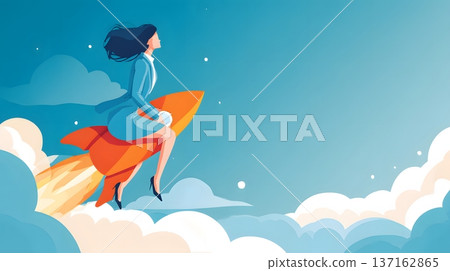 2D vector art of a female entrepreneur launching a startup rocket into a bright sky 137162865