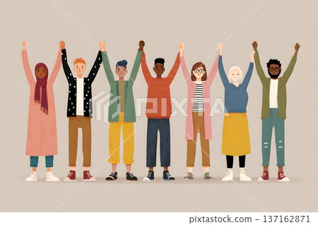 Minimalist flat vector of a diverse group of people joining hands in unity 137162871