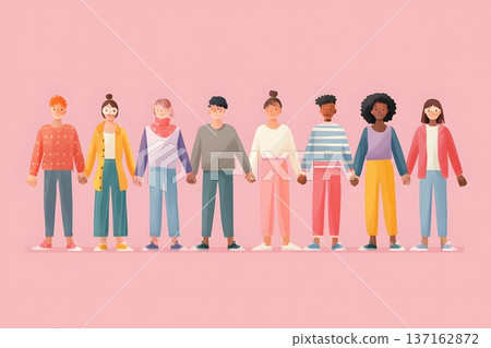 Minimalist flat vector of a diverse group of people joining hands in unity 137162872