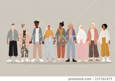 Minimalist flat vector of a diverse group of people joining hands in unity 137162873