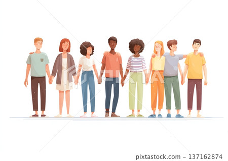 Minimalist flat vector of a diverse group of people joining hands in unity 137162874