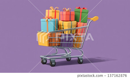 Flat design illustration of an online shopping cart with colorful parcels 137162876