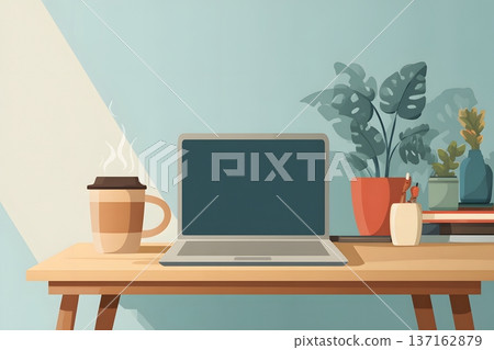 2D vector of a modern workspace with a coffee cup and a laptop 137162879
