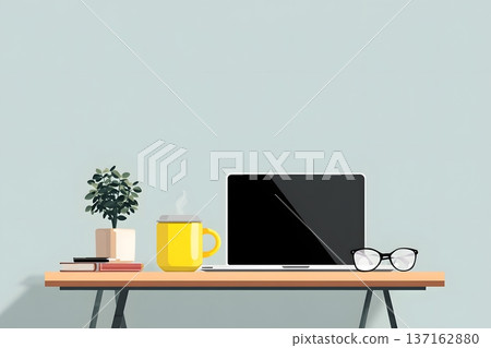 2D vector of a modern workspace with a coffee cup and a laptop 137162880