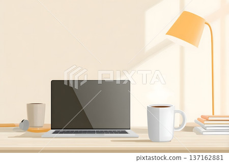 2D vector of a modern workspace with a coffee cup and a laptop 137162881