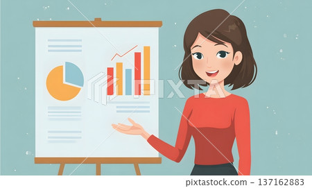 Flat design of a professional woman giving a presentation with a chart 137162883