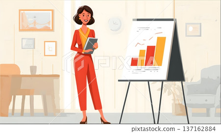 Flat design of a professional woman giving a presentation with a chart 137162884