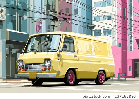 Minimalist flat vector art of a delivery van in a city street 137162886